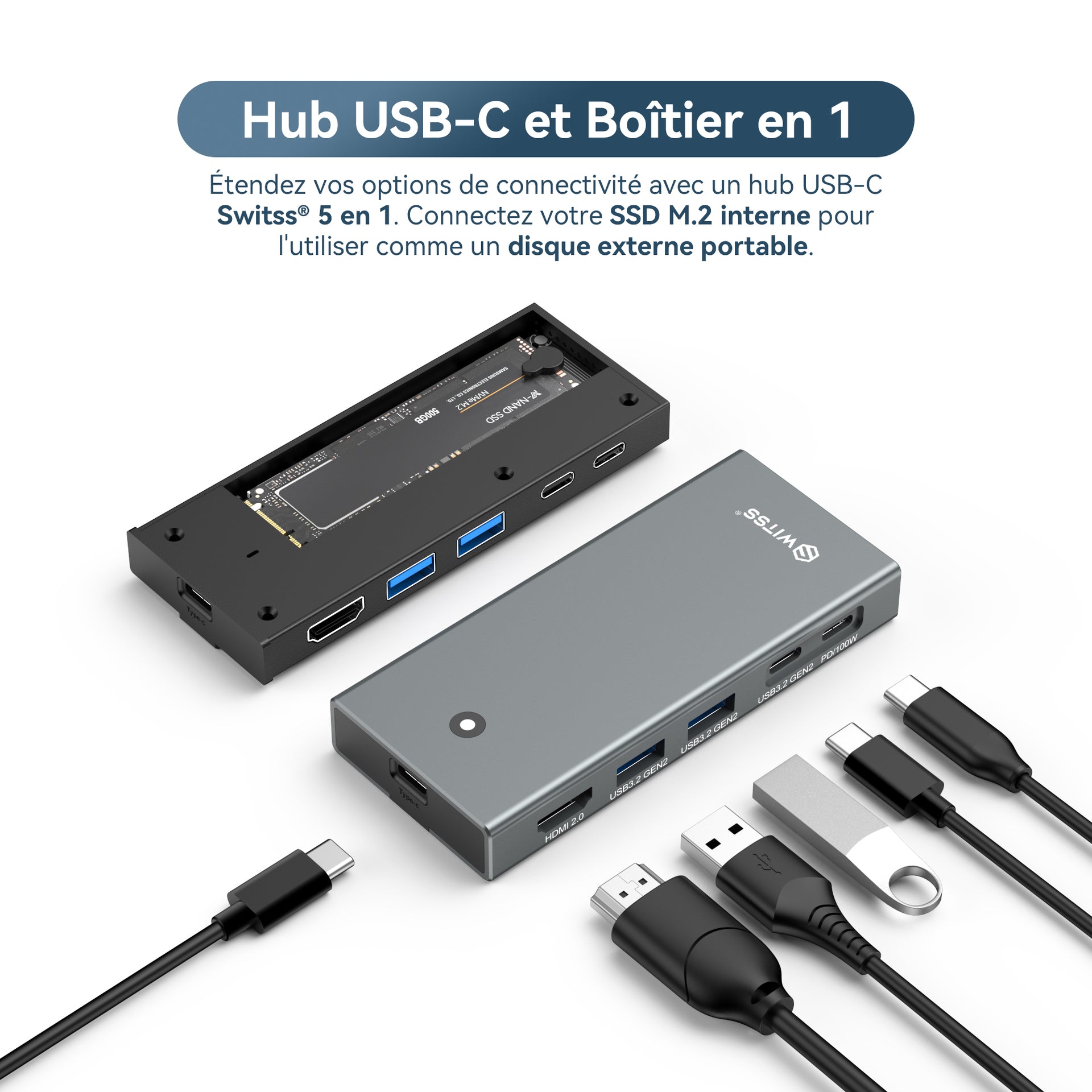 Switss® - Hub USB-C 5 en 1 avec boîtier SSD M.2 intégré