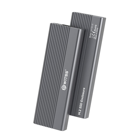 Switss® M.2 SSD enclosure in grey aluminium with cooling fins, two units standing upright