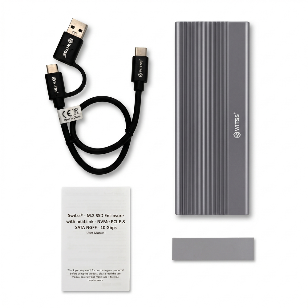 Contenu de la boîte : boîtier, câble USB-C 2 en 1, notice et tampon thermique