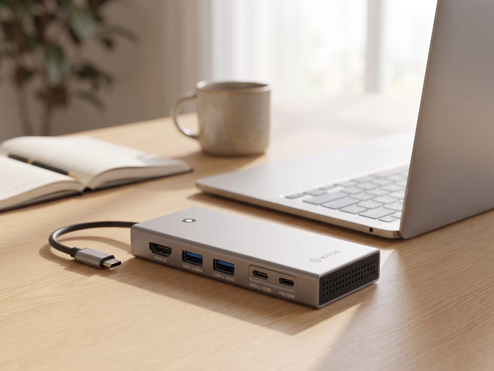 Station d'accueil USB-C Switss® 5-en-1 en cours d'utilisation, photo d'ambiance