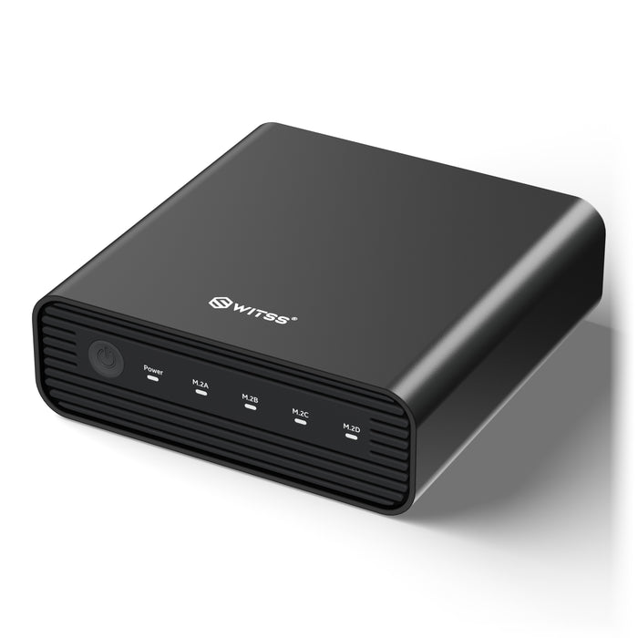 Switss® 4-Bay M.2 enclosure in black aluminium, with the power button and the lights on the front