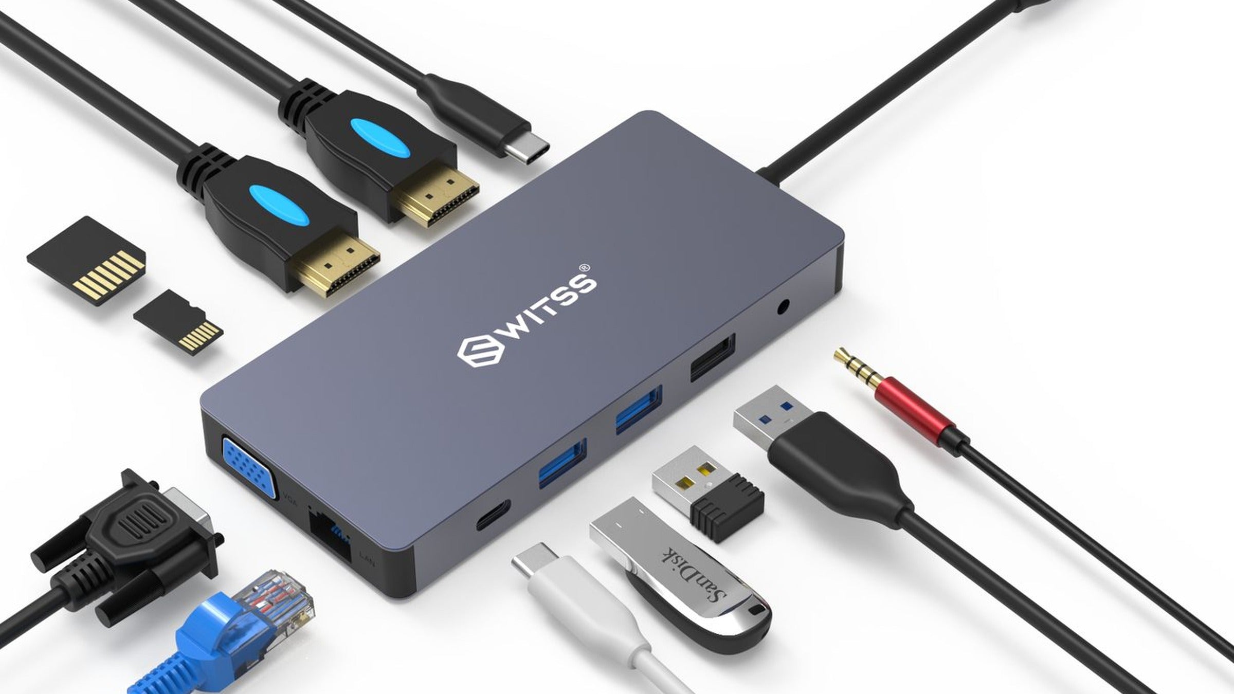 Hub USB-C Switss® 12-en-1, aluminium argenté, photo en studio