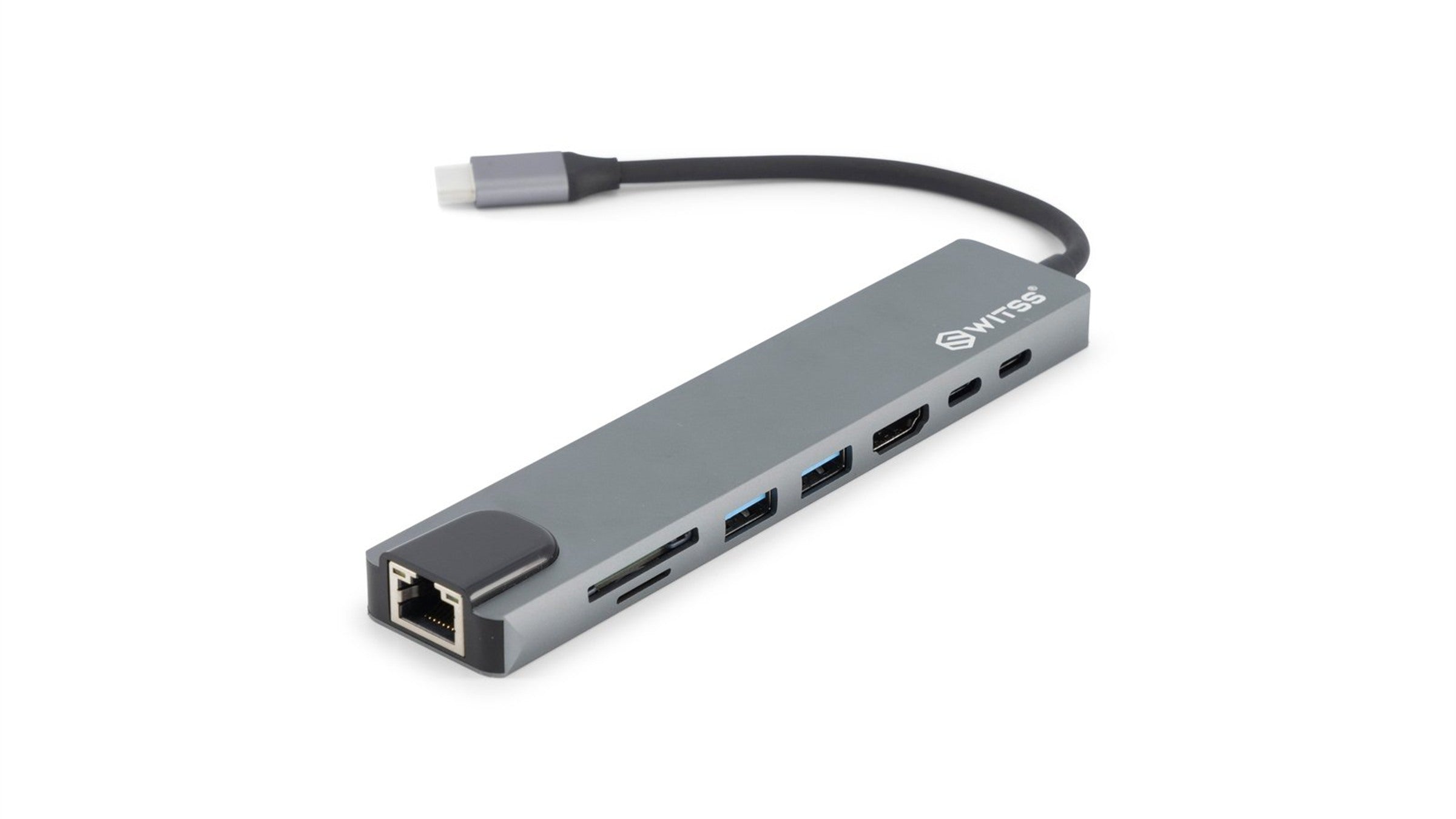 Switss® 8-in-1 USB-C hub with visible ports, studio shot