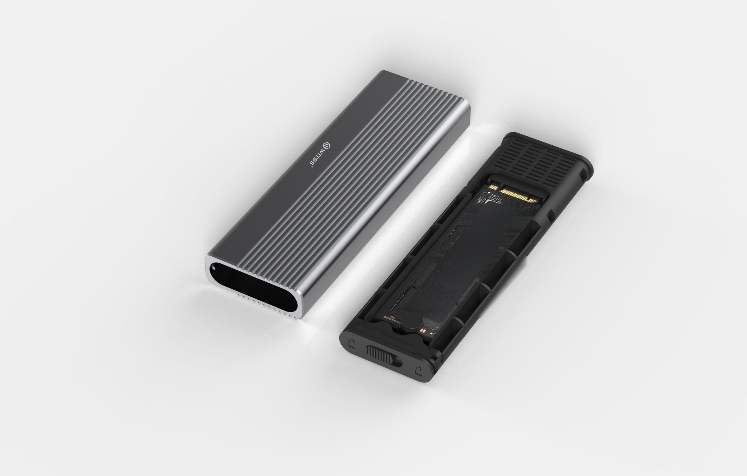 Boîtier SSD M.2 Switss®, aluminium avec ailettes de refroidissement, photo en studio