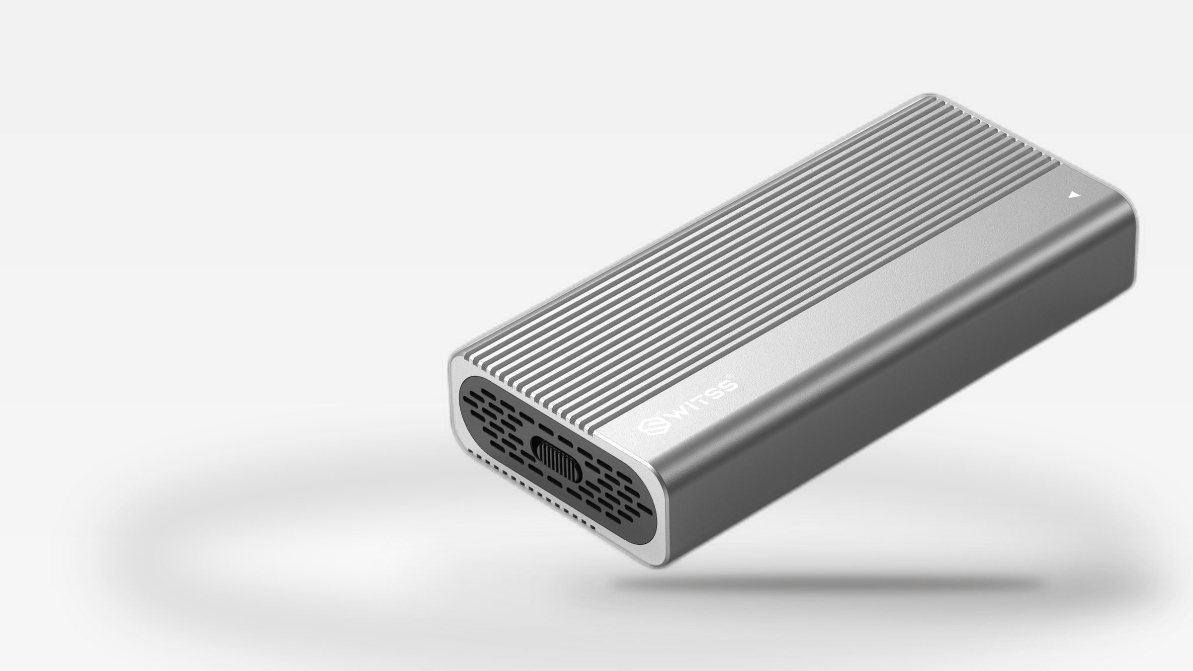 Switss® M.2 SSD enclosure USB4 Thunderbolt 4, silver aluminium, studio shot
