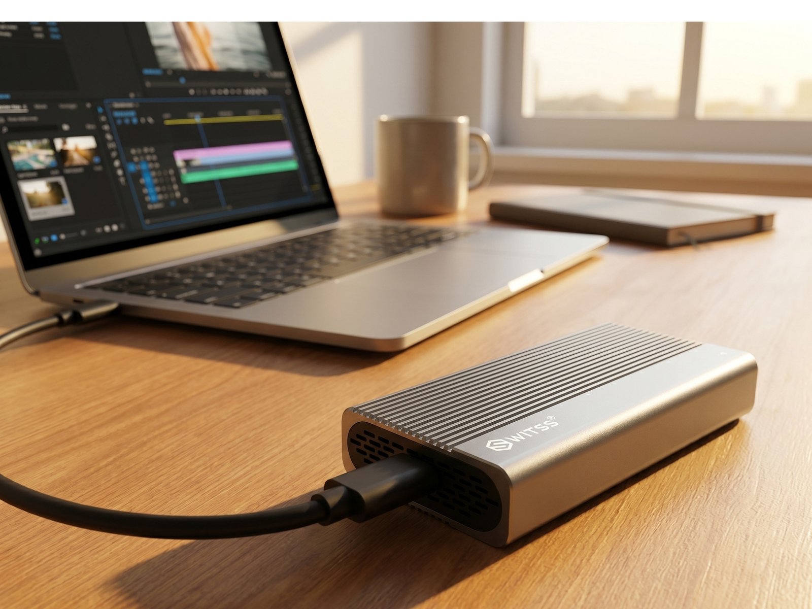 Switss® USB4 enclosure connected to a laptop on a desk