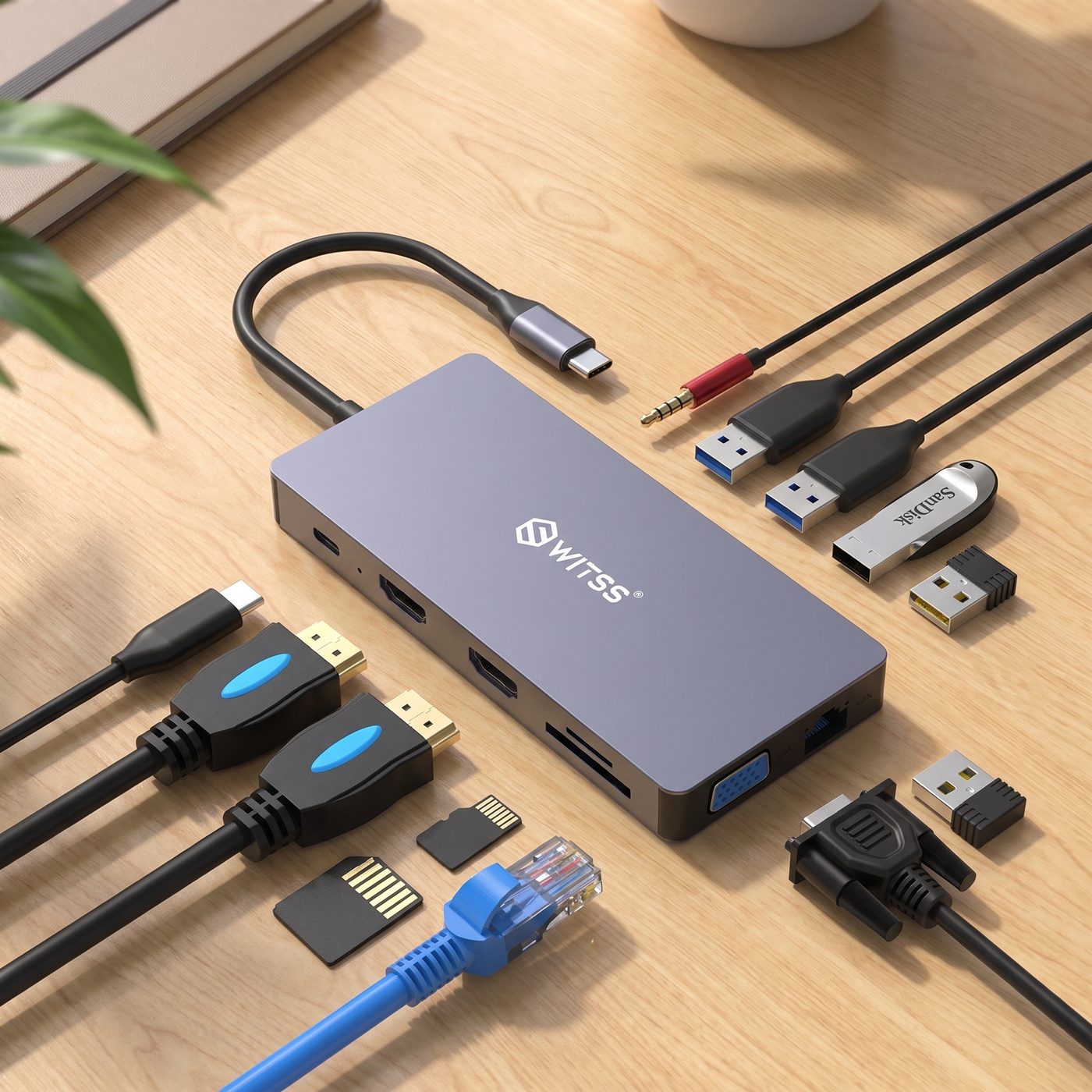 Hub Switss® 12-en-1 sur un bureau en bois avec tous les accessoires disposés à côté : câbles HDMI, carte SD et microSD, clé USB, câble jack et câble LAN