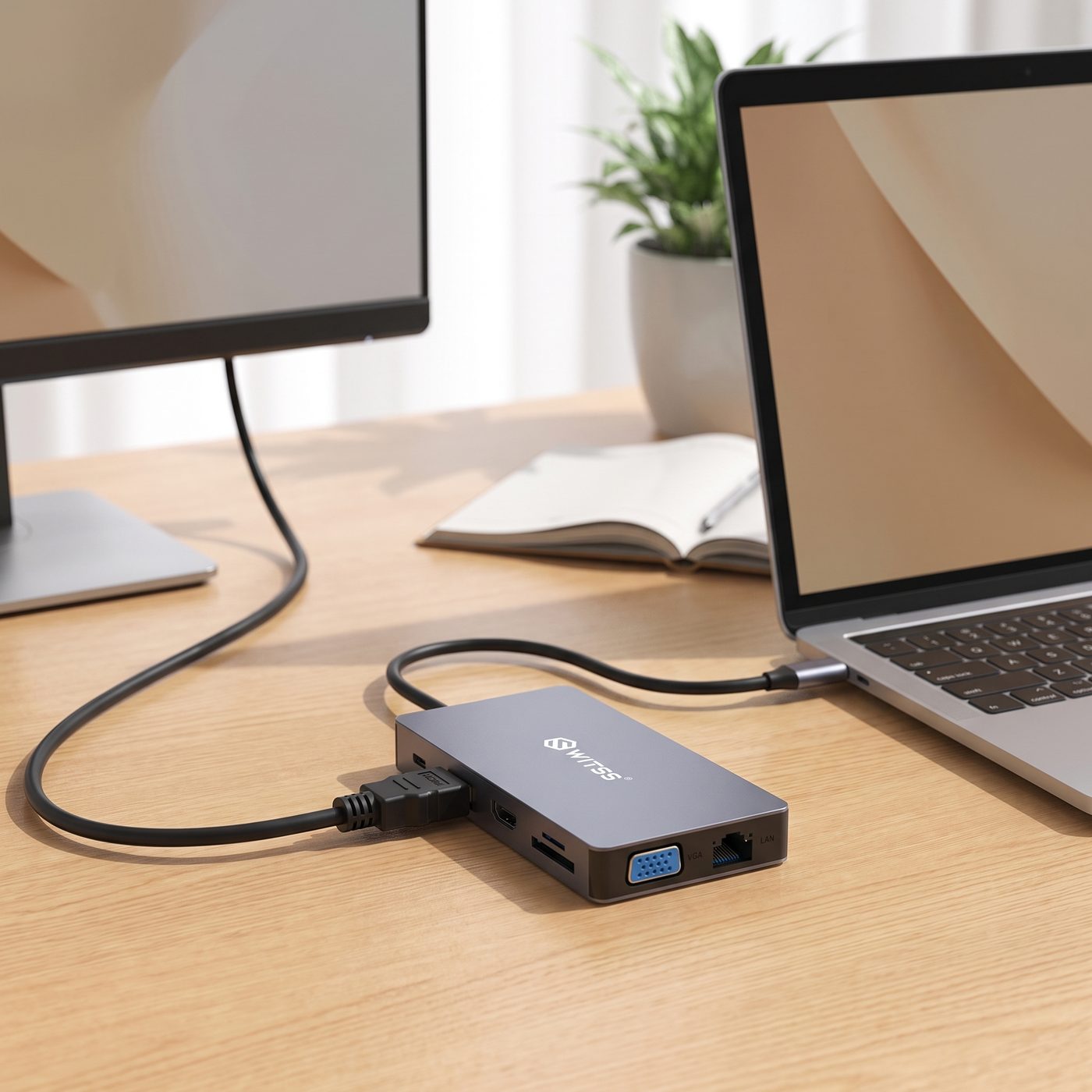 MacBook avec le hub Switss® 12-en-1 connecté à un écran externe via HDMI