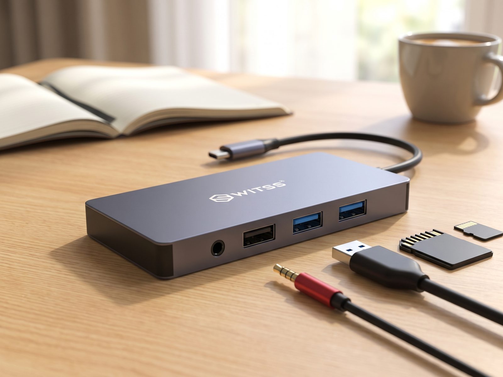 Jack audio et trois ports USB-A sur le hub Switss® 12-en-1, avec une carte SD et microSD à côté