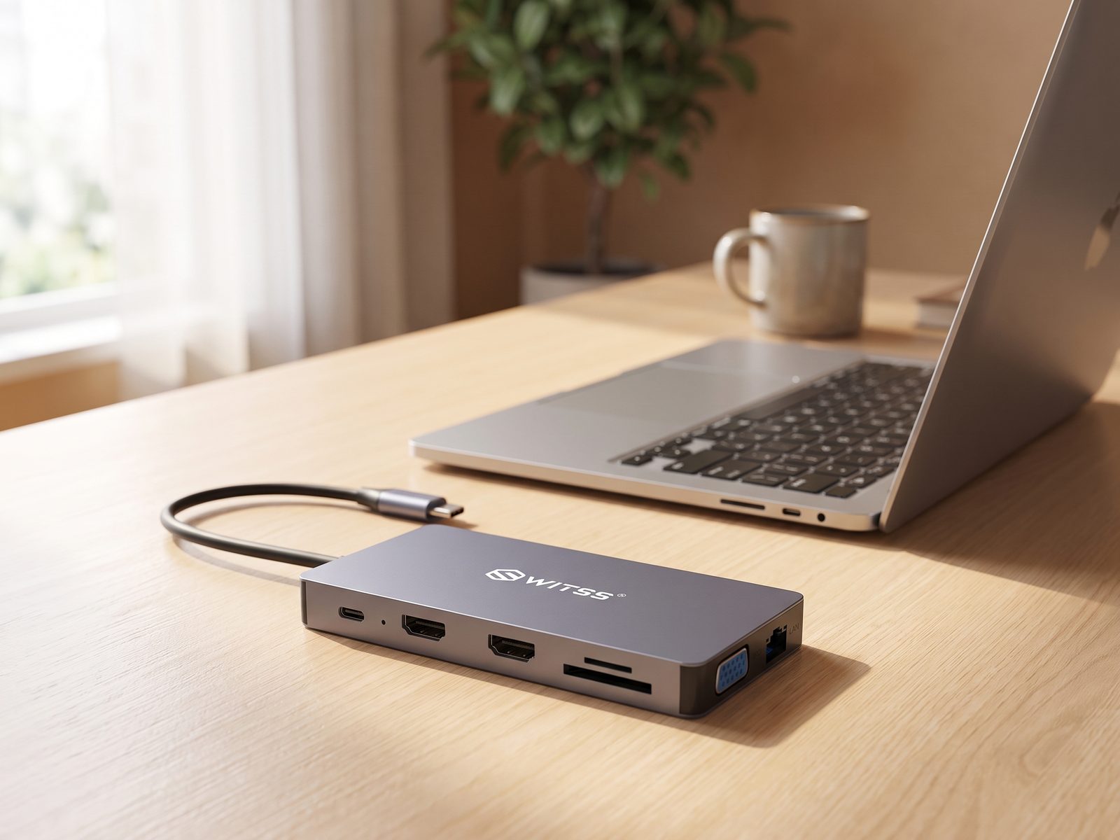 Hub Switss® 12-en-1 avec logo WITSS sur un bureau à côté d'un ordinateur portable, prêt à l'emploi sous Windows et Mac