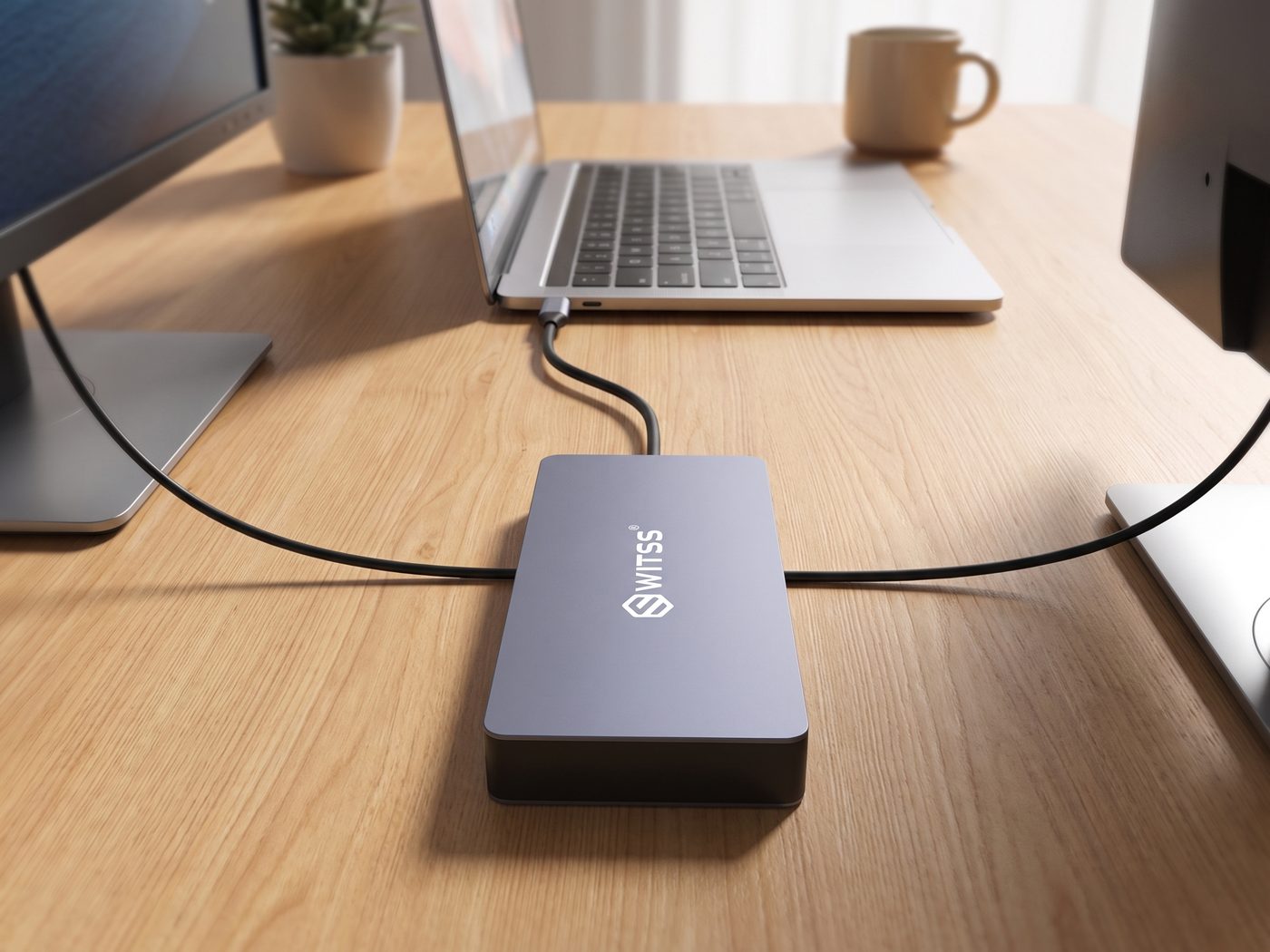 Hub Switss® 12-en-1 connecté à deux écrans externes à côté d'un ordinateur portable, trois écrans en même temps