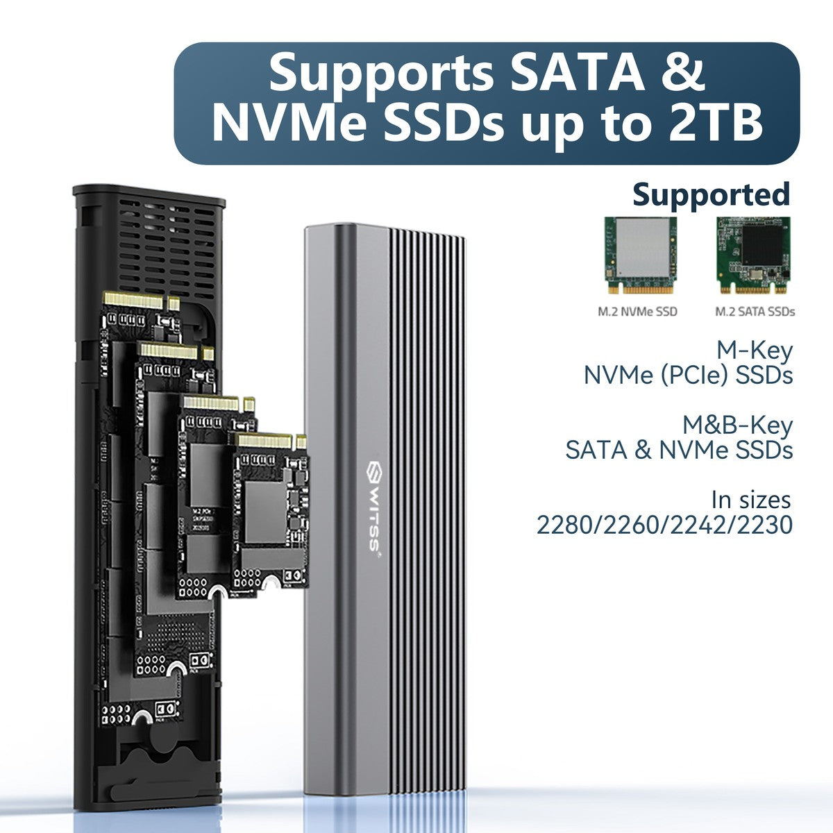 Open enclosure with an M.2 SSD in the slot