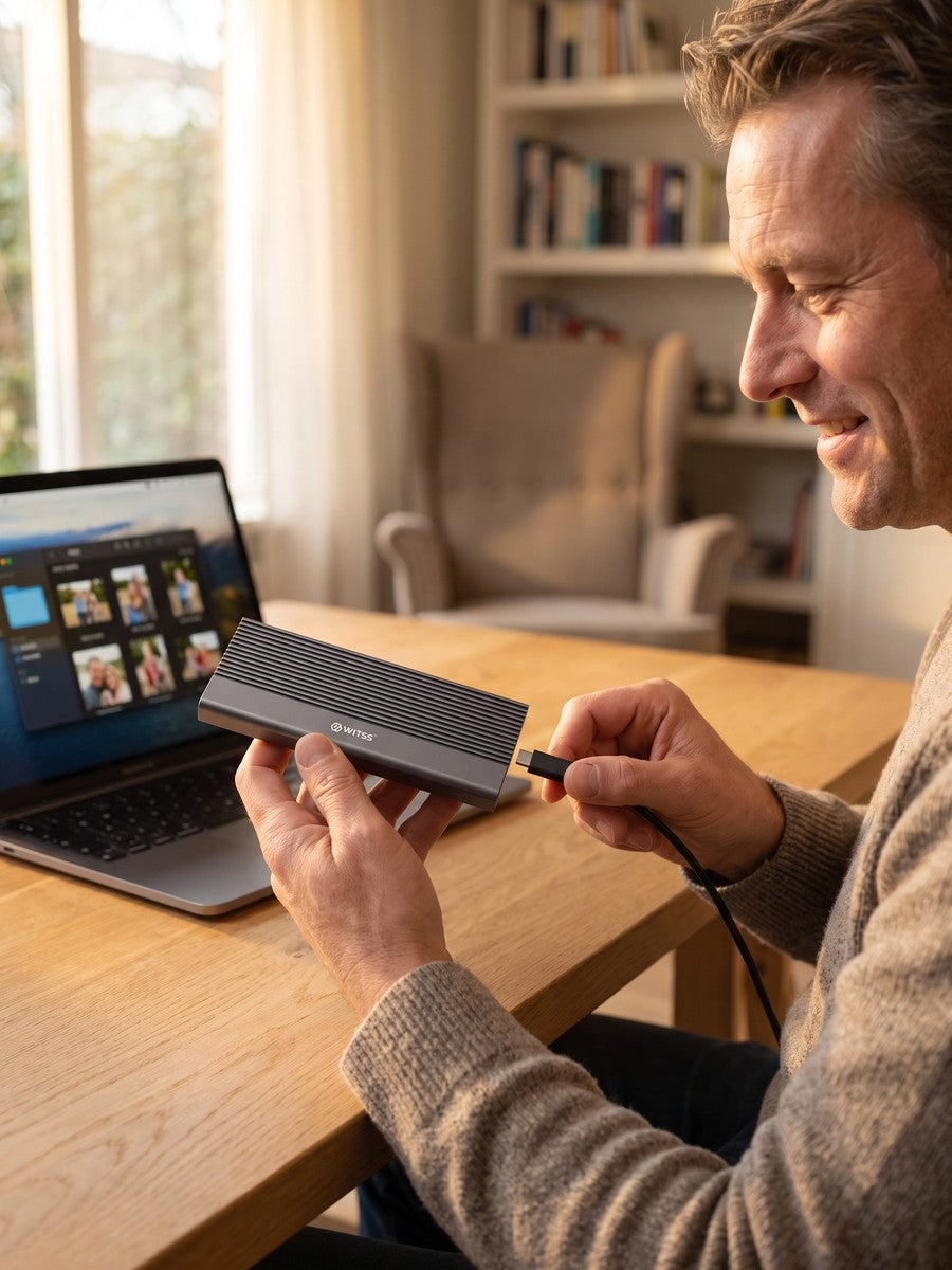 Un homme connecte le boîtier M.2 Switss à son ordinateur portable via USB-C