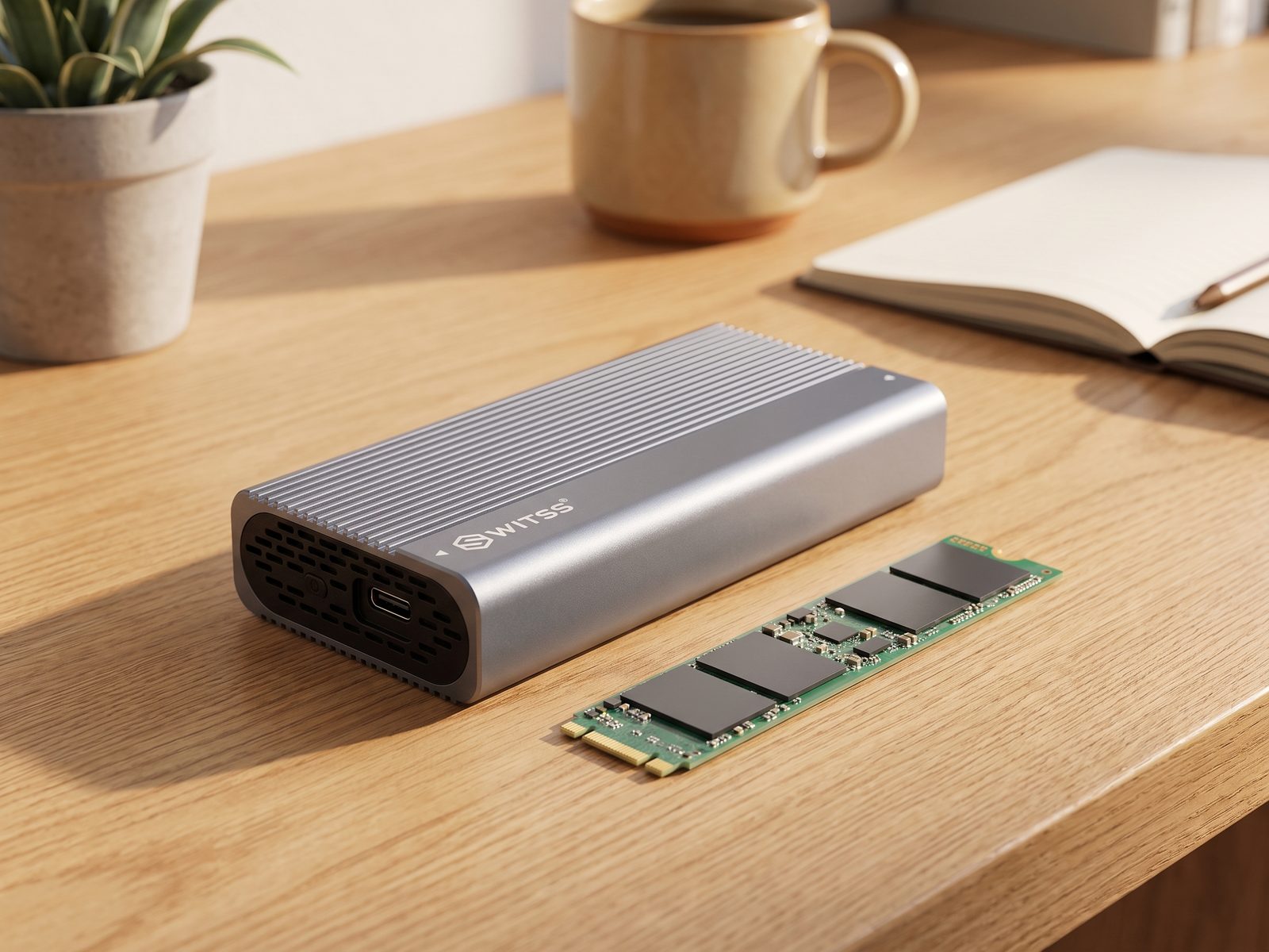 Switss® USB4 M.2 enclosure on a desk next to a loose M.2 NVMe SSD