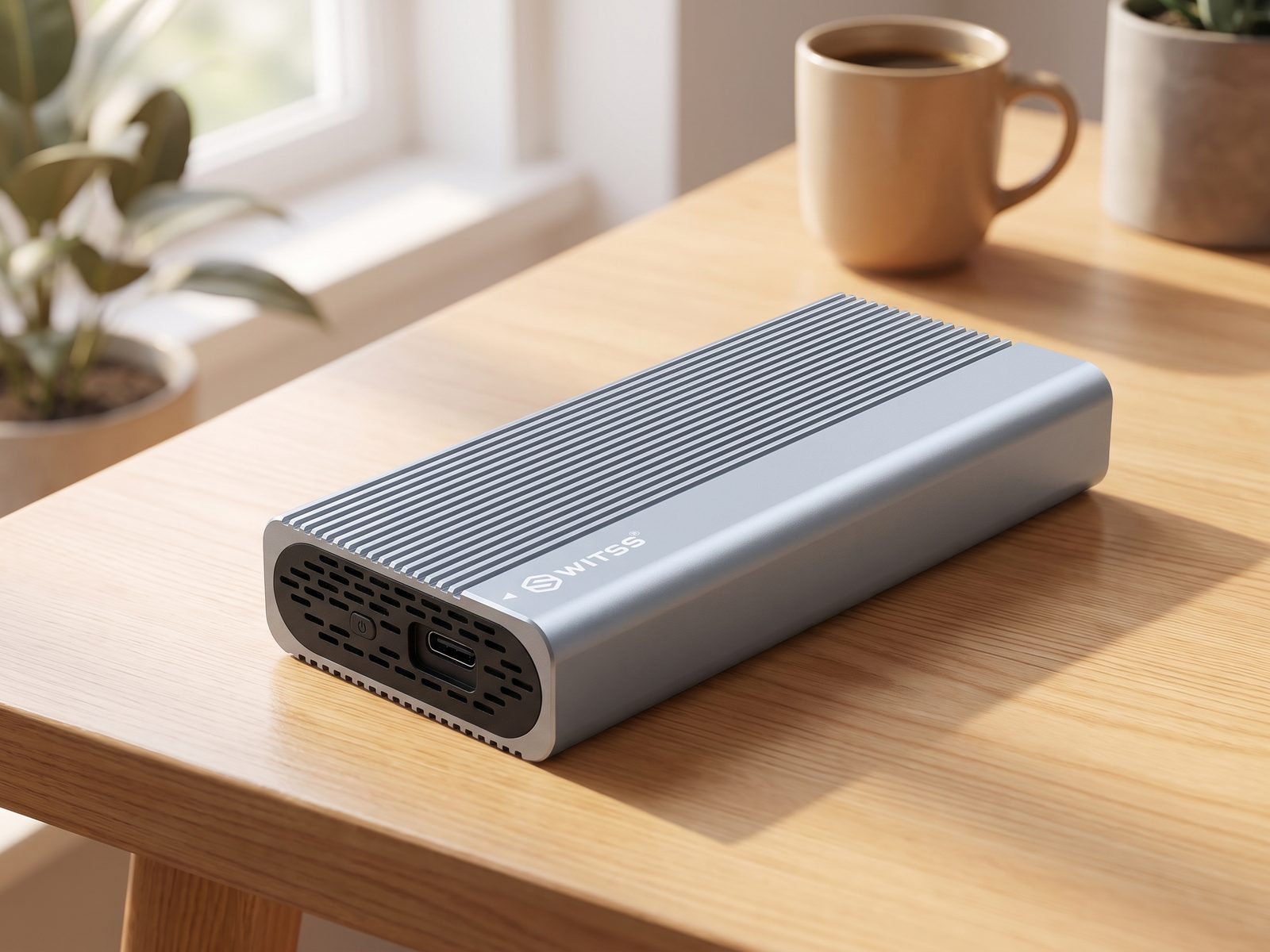 Switss® USB4 M.2 enclosure on a desk, aluminium heatsink fins running the full length