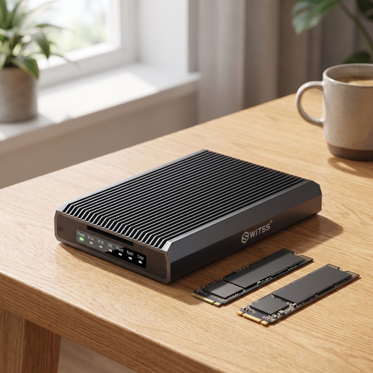 Boîtier Switss® RAID Dual-Bay sur un bureau avec deux SSD M.2 séparés (NVMe et SATA) à côté
