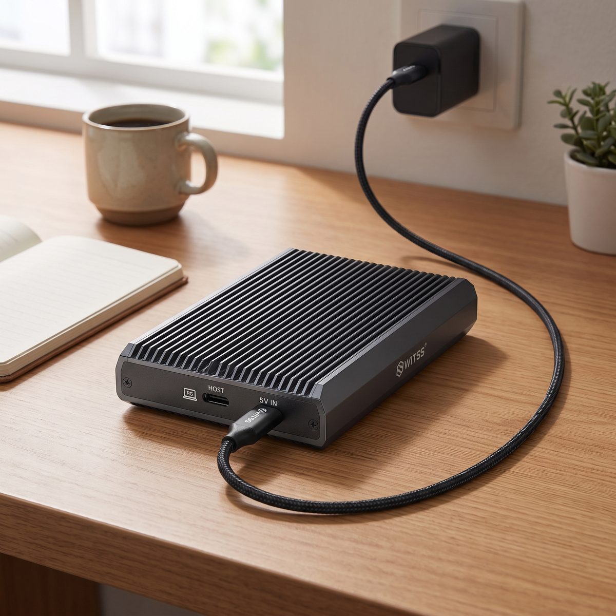 Panneau arrière du boîtier Switss® RAID Dual-Bay avec un chargeur USB-C branché sur le port 5V IN pour des SSD jusqu'à 2 × 8 To