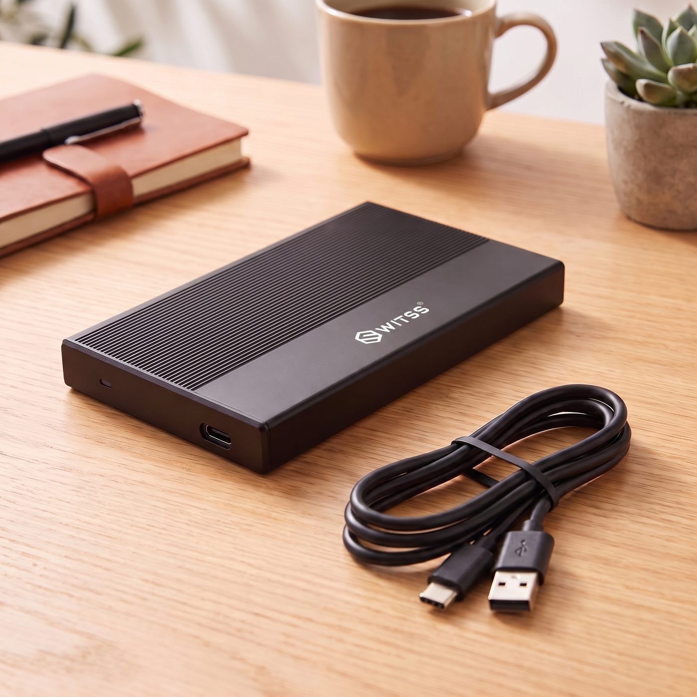 Câble fourni avec connecteur USB-C et USB-A à côté du boîtier noir