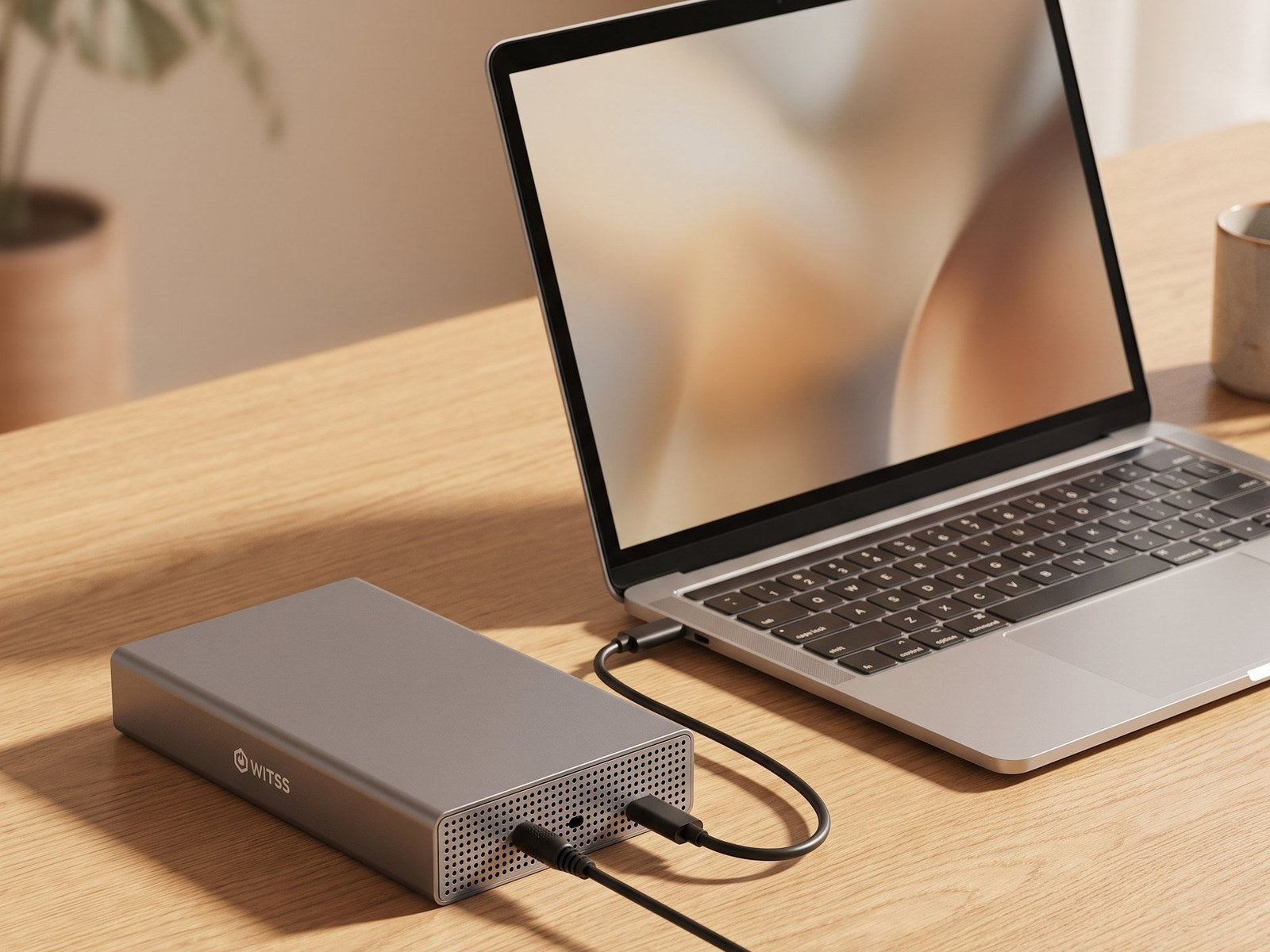 Adaptateur secteur branché sur le boîtier Switss pour disque 3,5 pouces