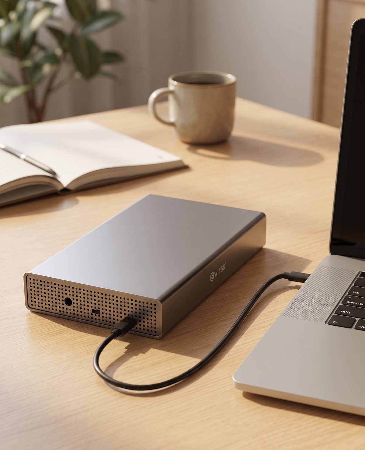 Boîtier Switss® 3,5 pouces sur un bureau, avec un câble USB-C branché sur un ordinateur portable