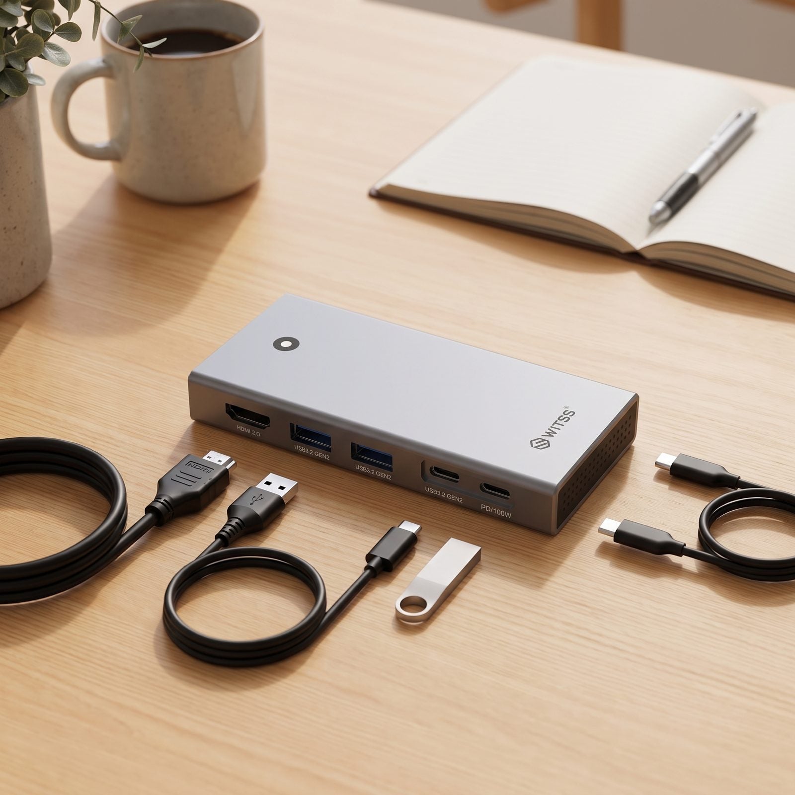 Dock USB-C Switss® 5-en-1 avec tous les accessoires fournis (câble HDMI, câble USB-A, deux câbles USB-C, clé USB)
