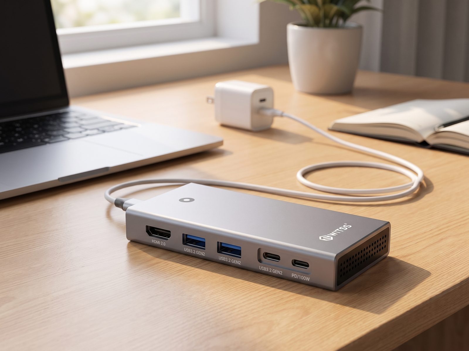 Dock Switss® avec un câble de charge USB-C blanc relié à un chargeur, le port PD transmet l'alimentation pendant l'utilisation
