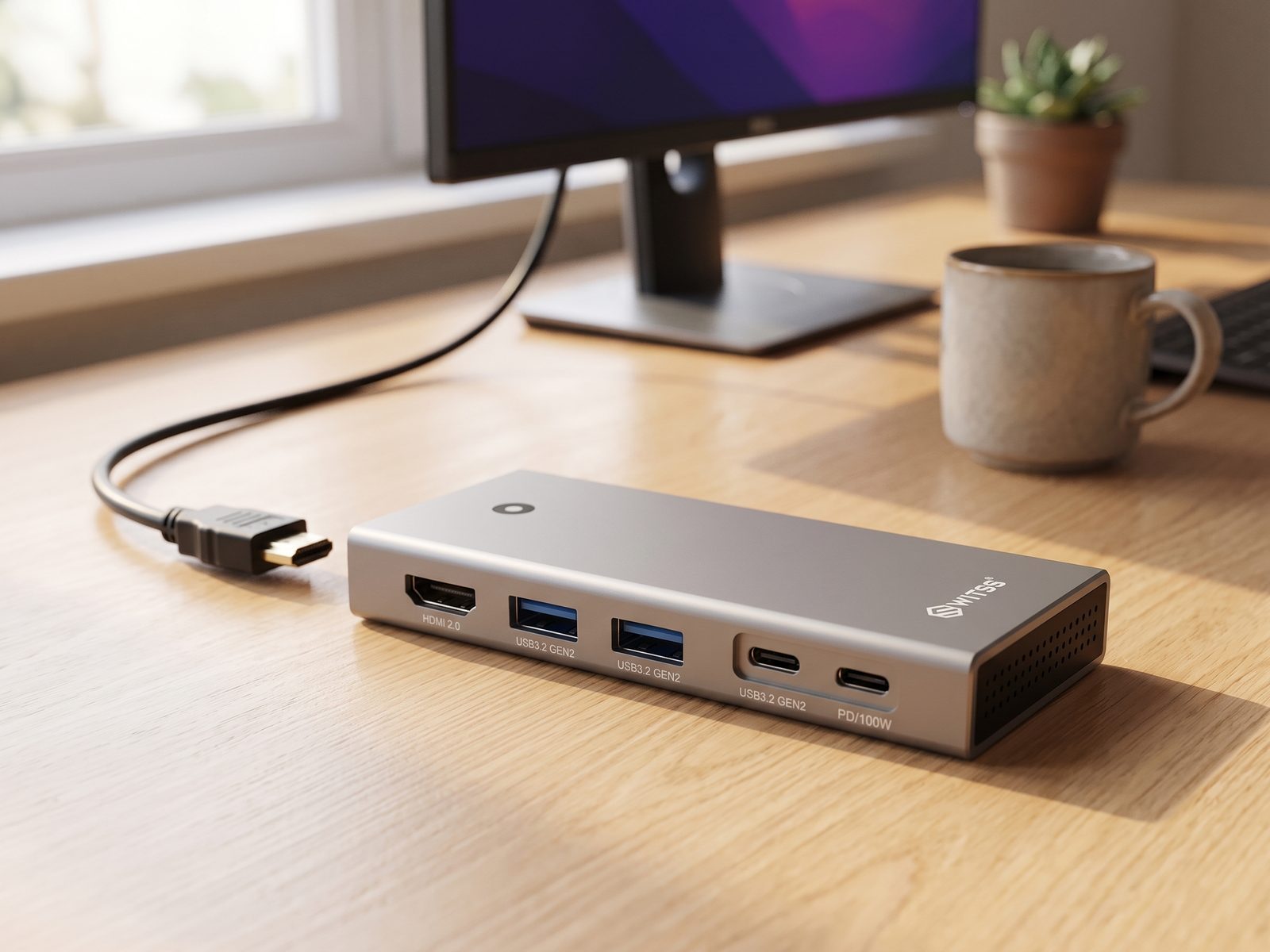 Dock Switss® sur un bureau en bois, bord avant avec les ports HDMI 2.0, 2x USB-A et 2x USB-C visibles
