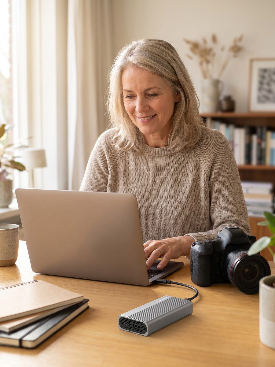 A photographer with a camera and the USB4 enclosure connected to her laptop
