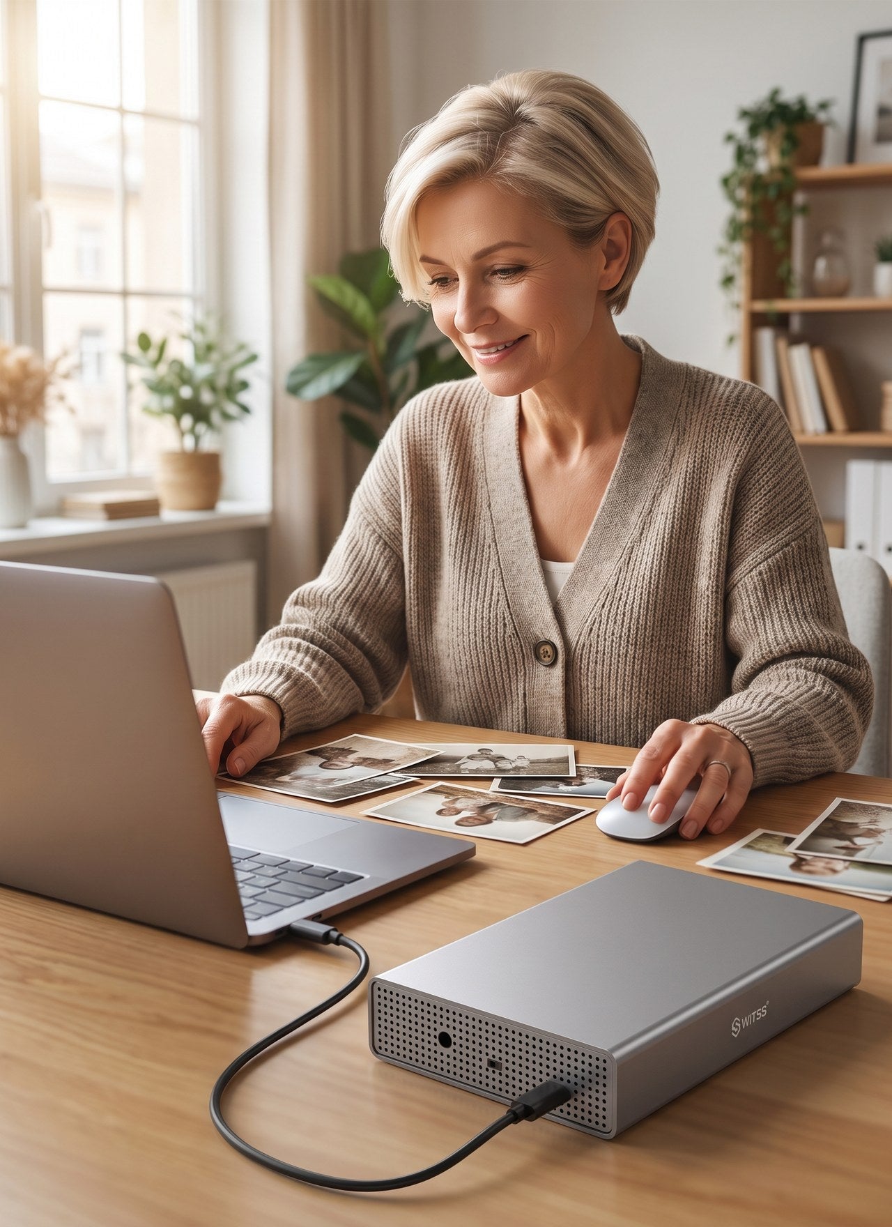 Une personne sauvegarde d'anciennes photos sur un boîtier HDD 3,5 pouces Switss® à côté d'un ordinateur portable