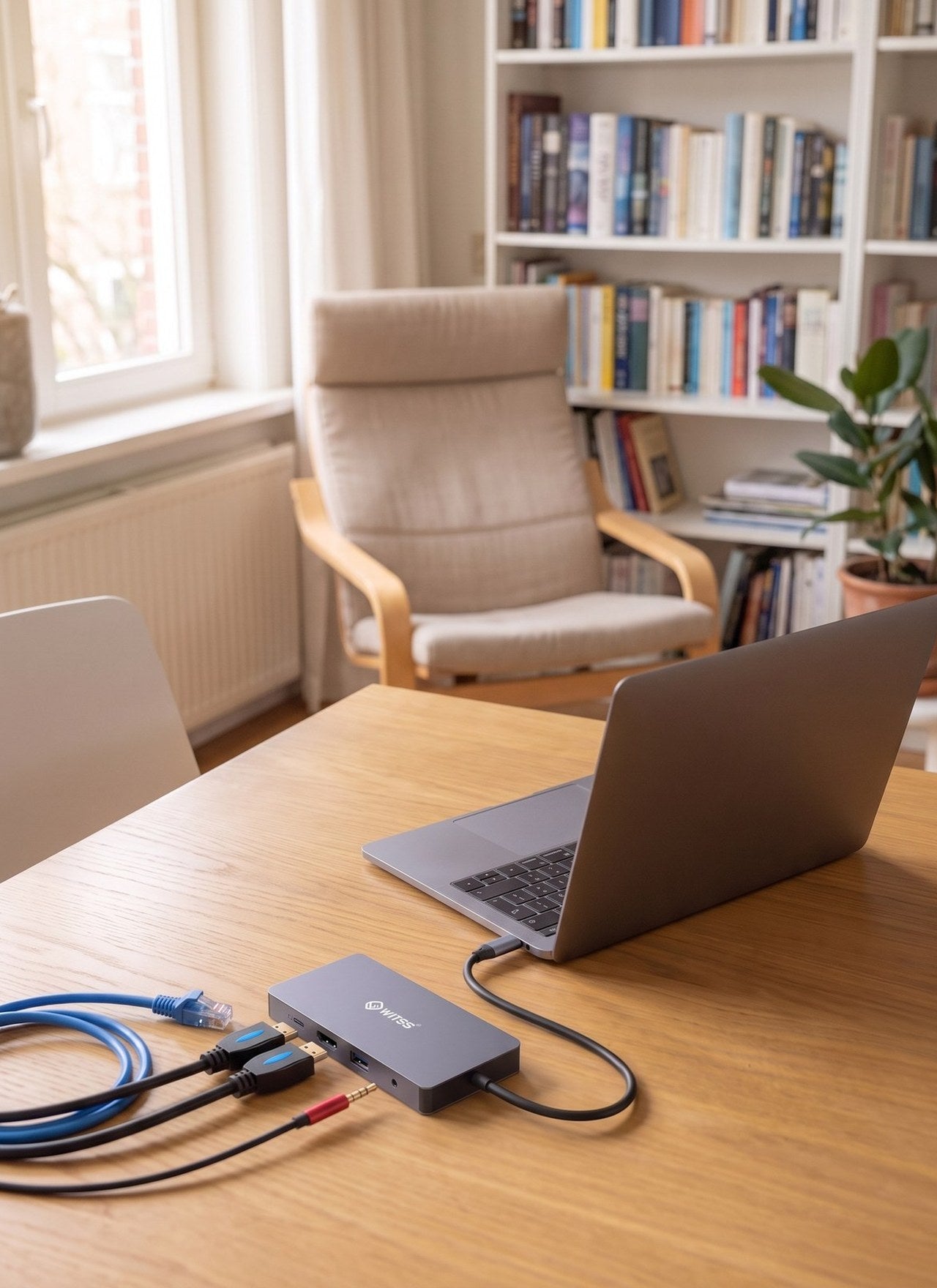 Switss® USB-C hub connected to a laptop on a desk in a home office