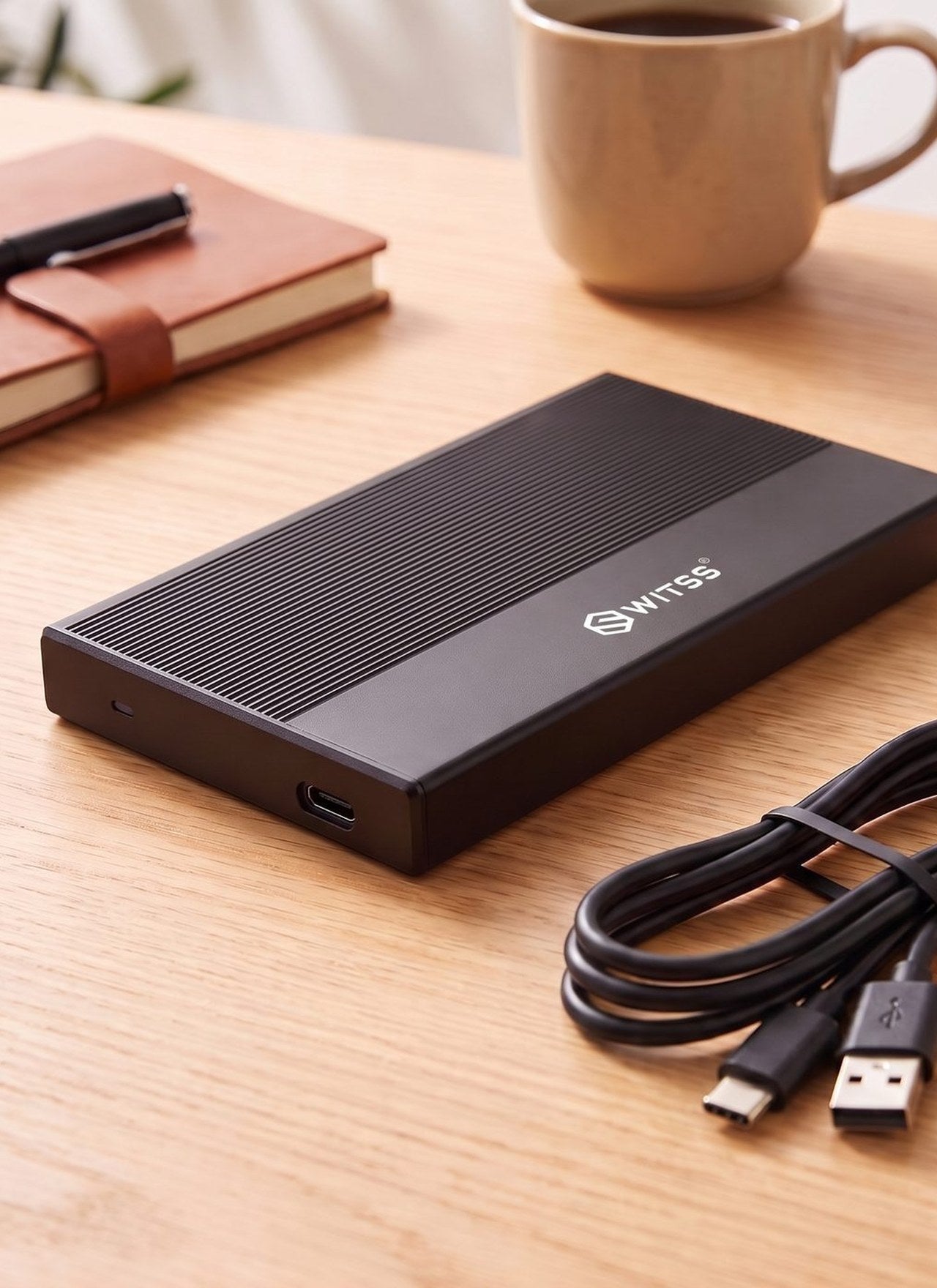 Switss® 2.5 inch SSD enclosure with a USB-C cable on a desk