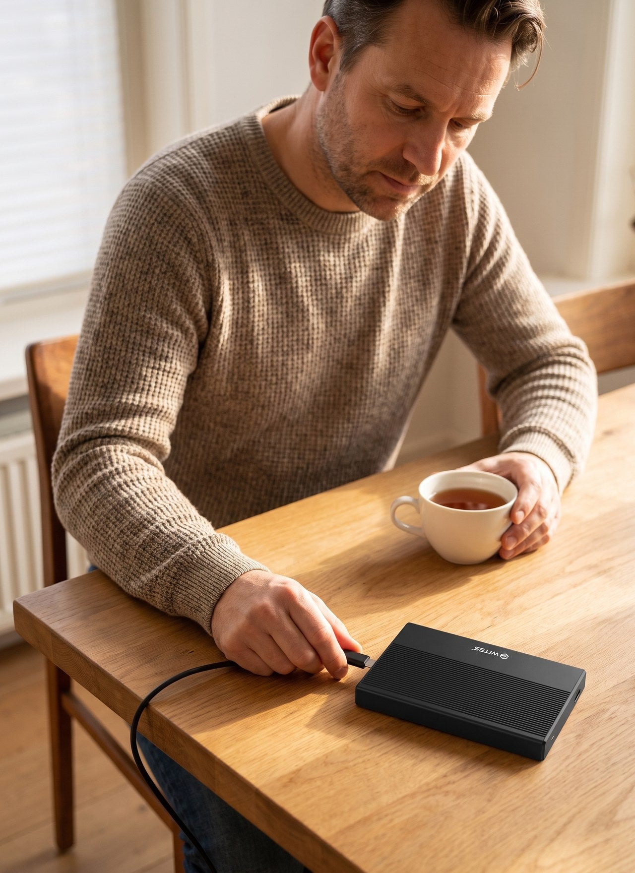 Une personne connecte un boîtier SSD 2,5 pouces Switss® à un ordinateur portable