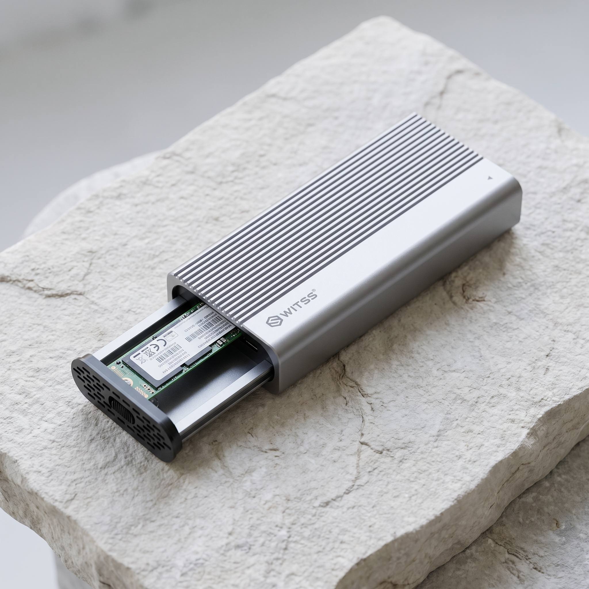 Boîtier SSD M.2 Switss® avec carte SSD sur pierre naturelle