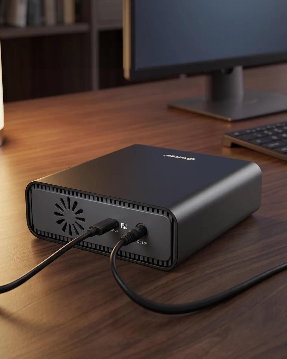 The back of the Switss 4-bay M.2 enclosure on a wooden desk, with the USB-C cable and the power adapter plug connected, next to a monitor and a keyboard