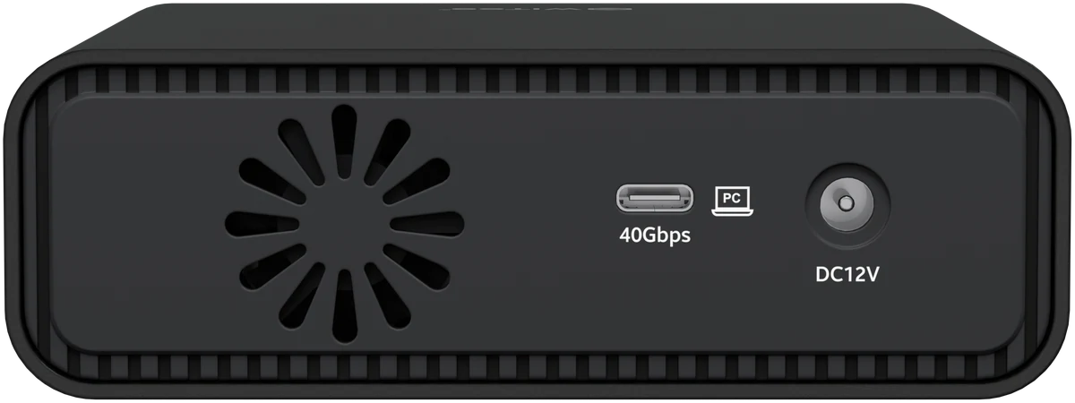 Back of the enclosure: the fan on the left, the USB-⁠C port marked 40Gbps in the middle and the DC12V input on the right