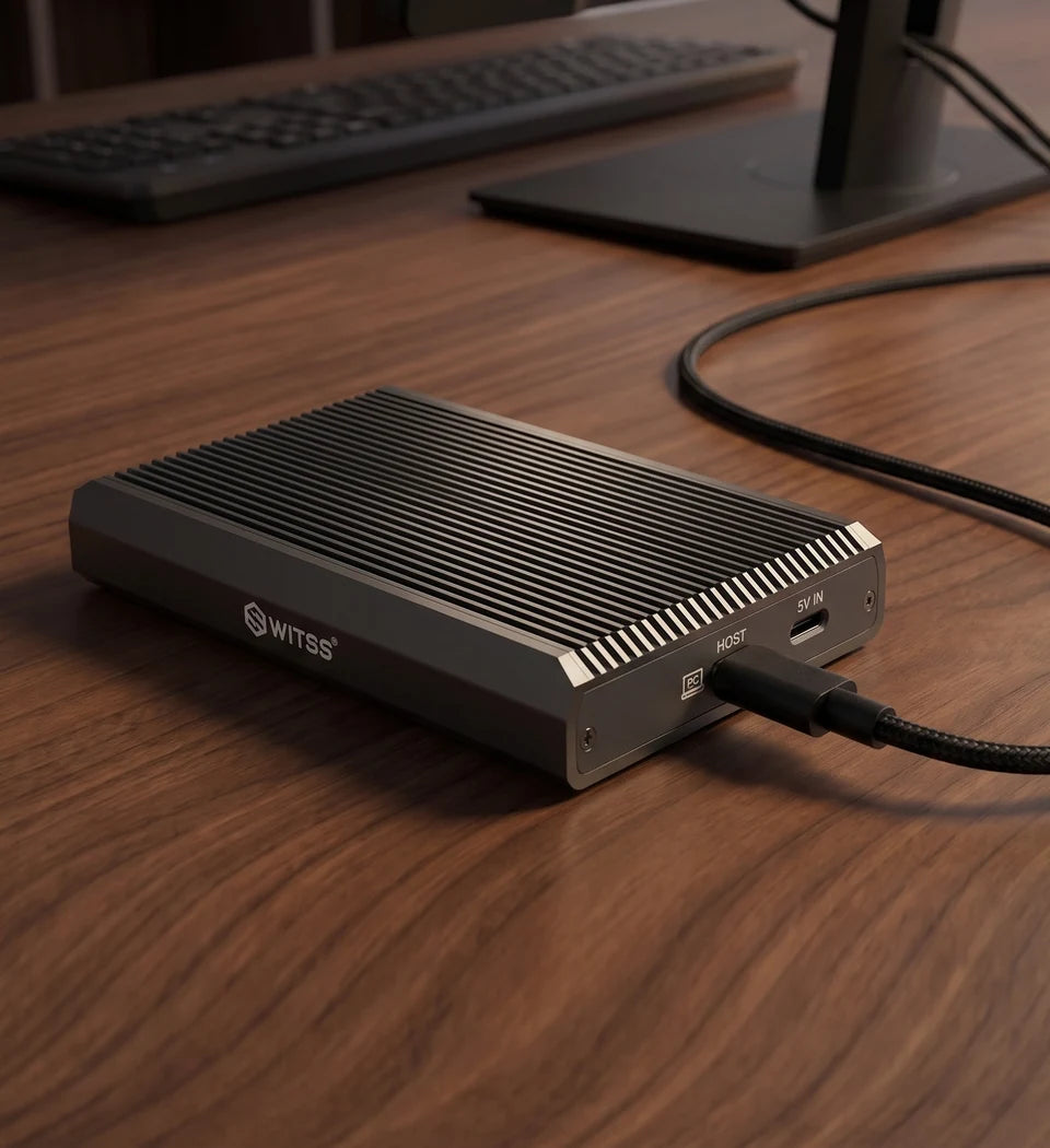 Switss® RAID dual-bay enclosure on a walnut desk next to a desktop computer, with the USB-C cable connected