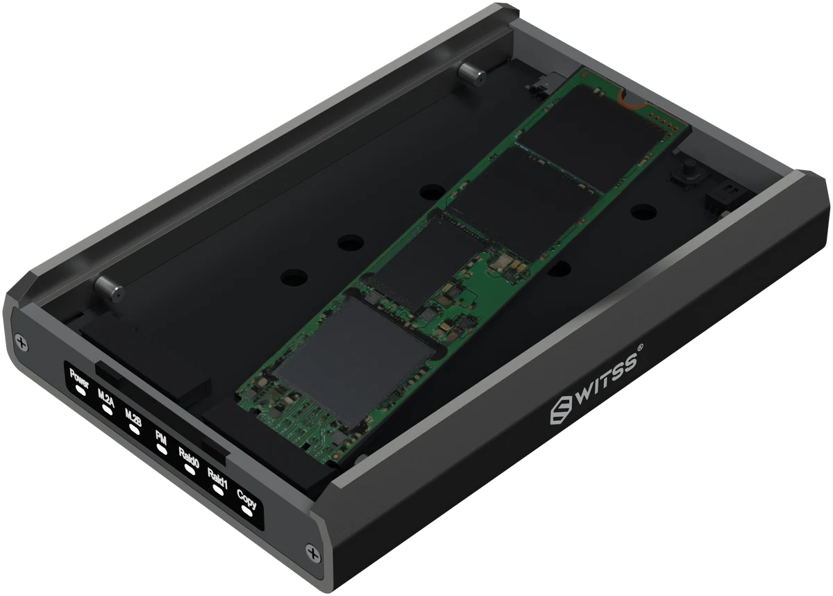 Open enclosure with an M.2 SSD going into the slot at an angle