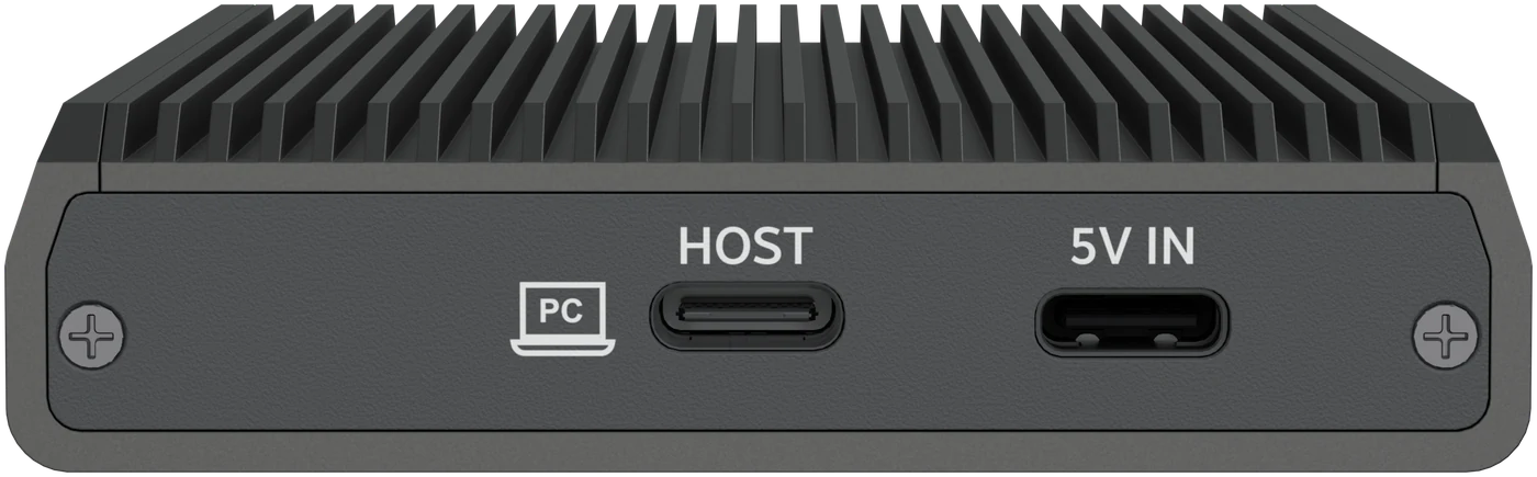 Back of the enclosure with two USB-C ports: HOST with a laptop icon and 5V IN