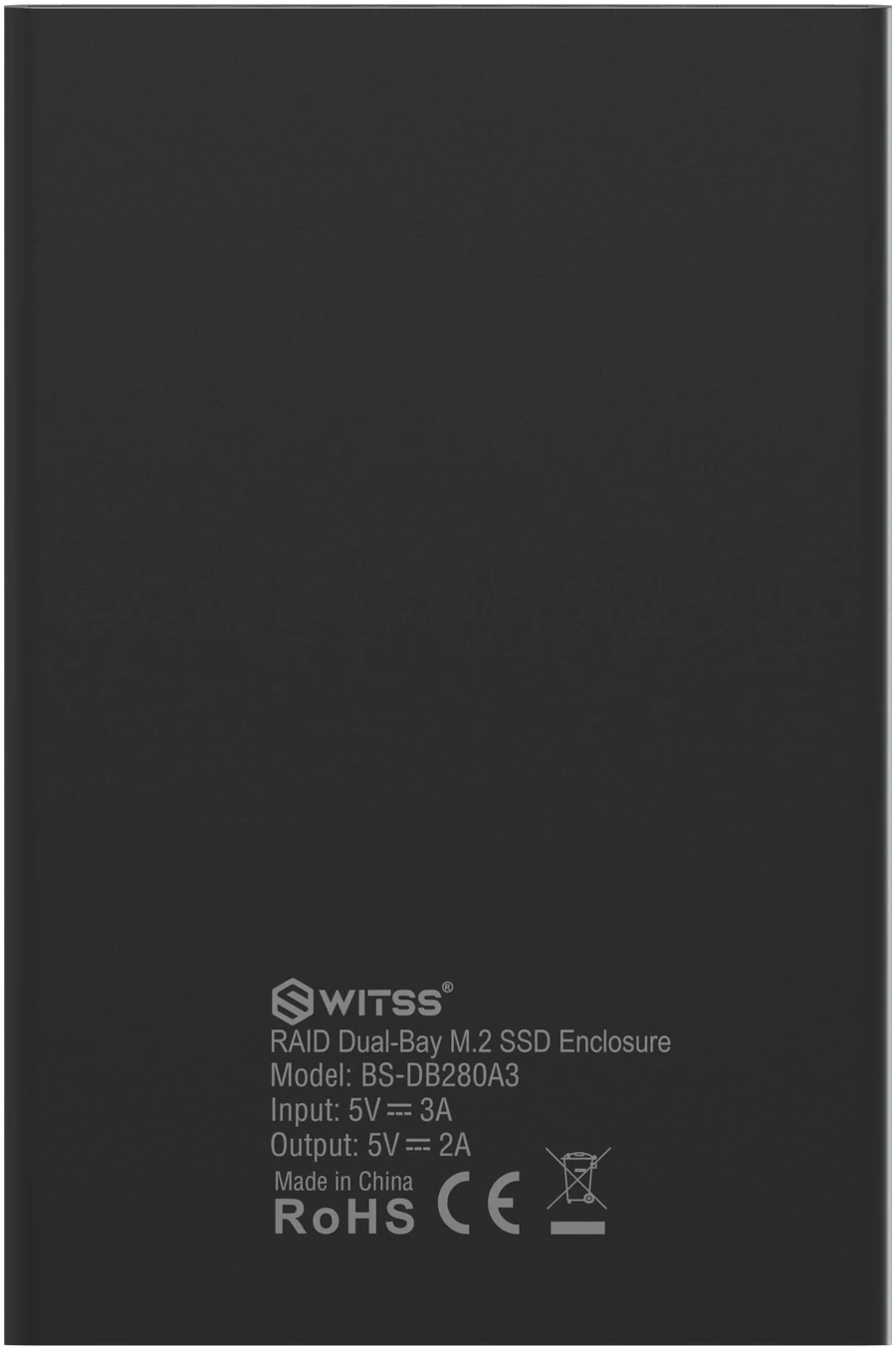 Bottom of the enclosure with the label: brand and product name, model, input and output, Made in China, RoHS, CE and the WEEE symbol