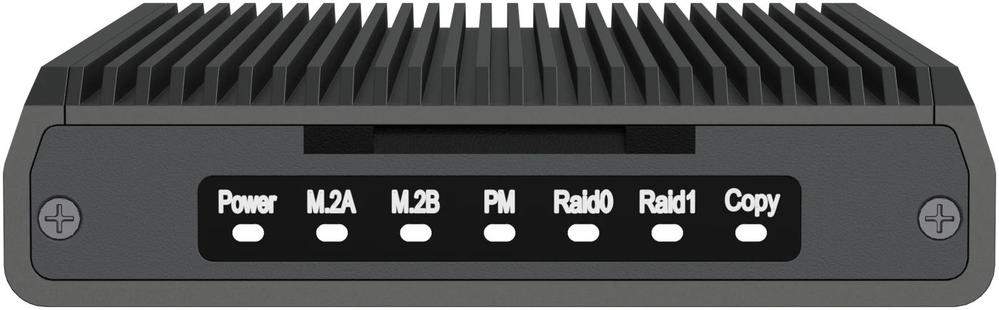 Front of the enclosure with the window and the seven lights: Power, M.2A, M.2B, PM, RAID 0, RAID 1 and Copy