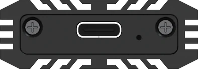 Front view of the enclosure, with the USB-C port, the status light and the two screws