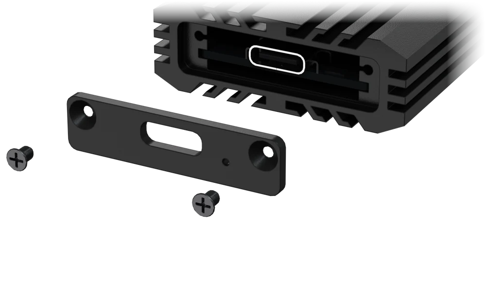 Front of the enclosure with the plate removed and a ring around the two screws