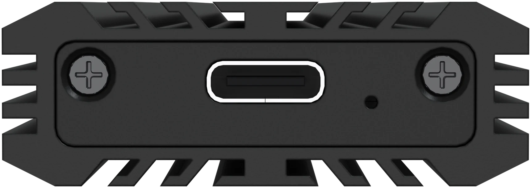 Front of the enclosure: the plate with two cross-head screws, the USB-⁠C port in the middle and the status light to the right of it, with cooling fins above and below