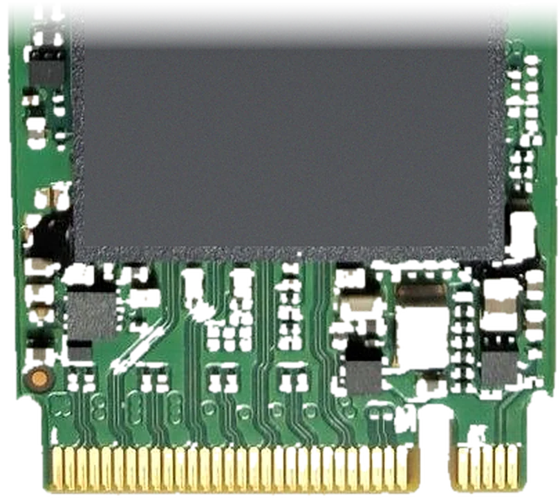 Connector edge of an M.2 SSD with the chips facing up, the gold edge facing down and the notch marked