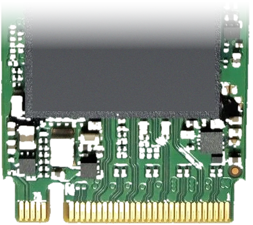Côté connecteur d'un SSD M.2 avec les puces vers le haut, le bord doré vers le bas et l'encoche indiquée