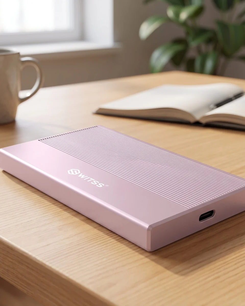 The pink Switss 2.5 inch enclosure on a wooden desk, with a notebook, a cup and a plant behind it