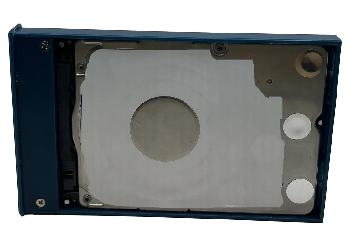 Top view of the open enclosure with a 2.5 inch drive in place on the frame
