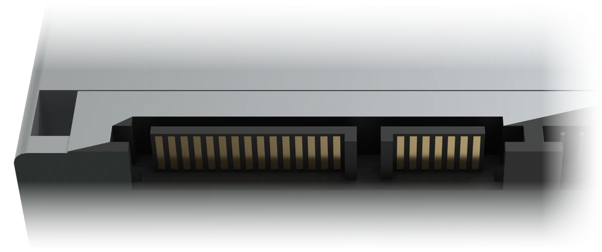 Close-up of the connector edge of a SATA drive: the wide power strip on the left, the narrow data strip on the right