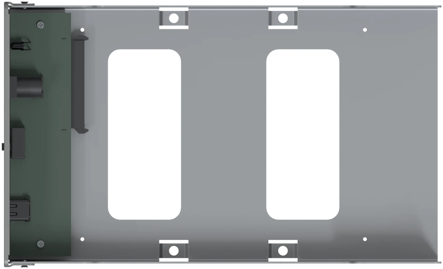 Top view of the empty frame, showing where a 3.5 inch and a 2.5 inch drive sit against the same connector