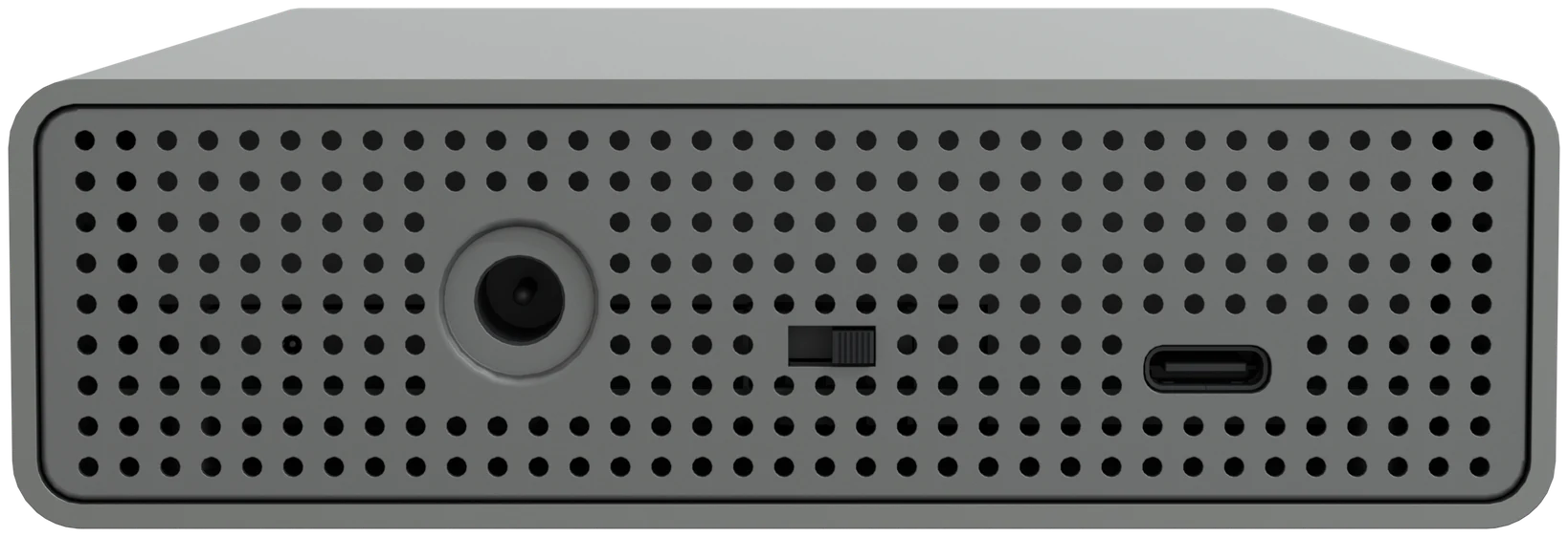Front of the enclosure: the perforated front cap with the round power socket, the power switch and the USB-C port